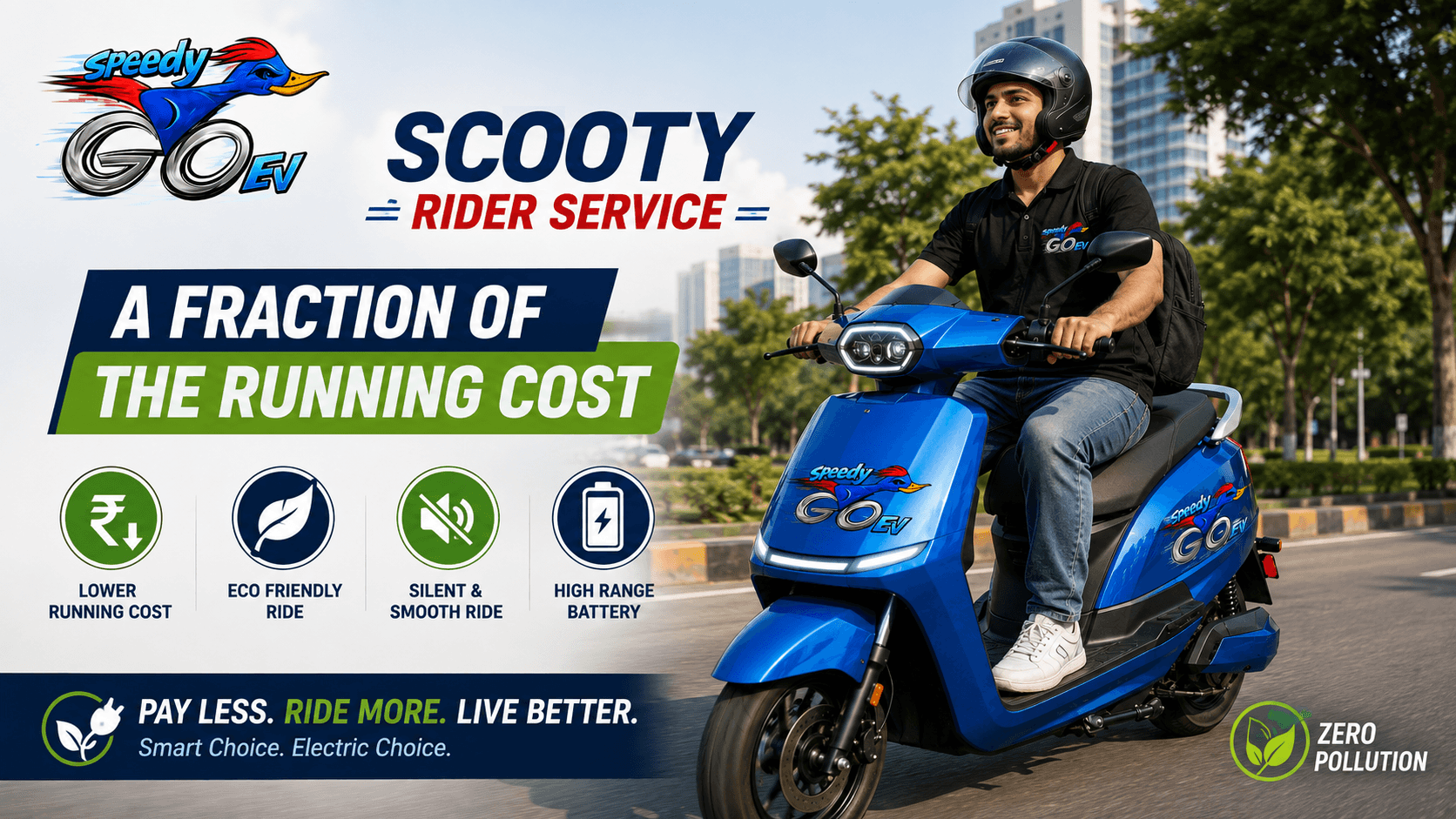 Realistic Go Speedy EV scooter rider service advertisement featuring a helmeted rider on a blue electric scooter, with “SCCOTY RIDER SERVICE,” “A FRACTION OF THE RUNNING COST,” eco-friendly and silent ride benefits, and the Go Speedy EV.