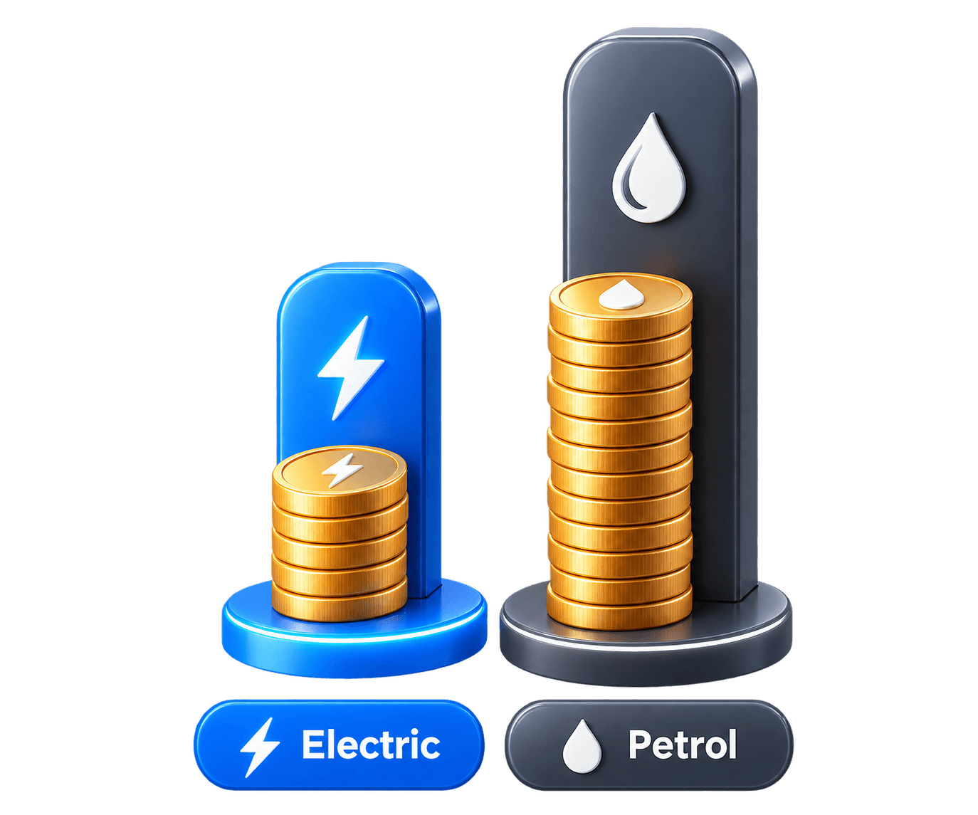 A short stack of coins labelled Electric beside a much taller stack labelled Petrol