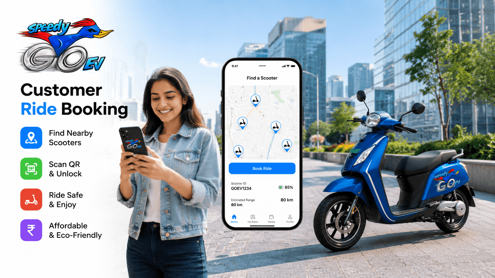 Go Speedy EV customer ride booking with a woman using the app to find and book a nearby electric scooter in a modern city