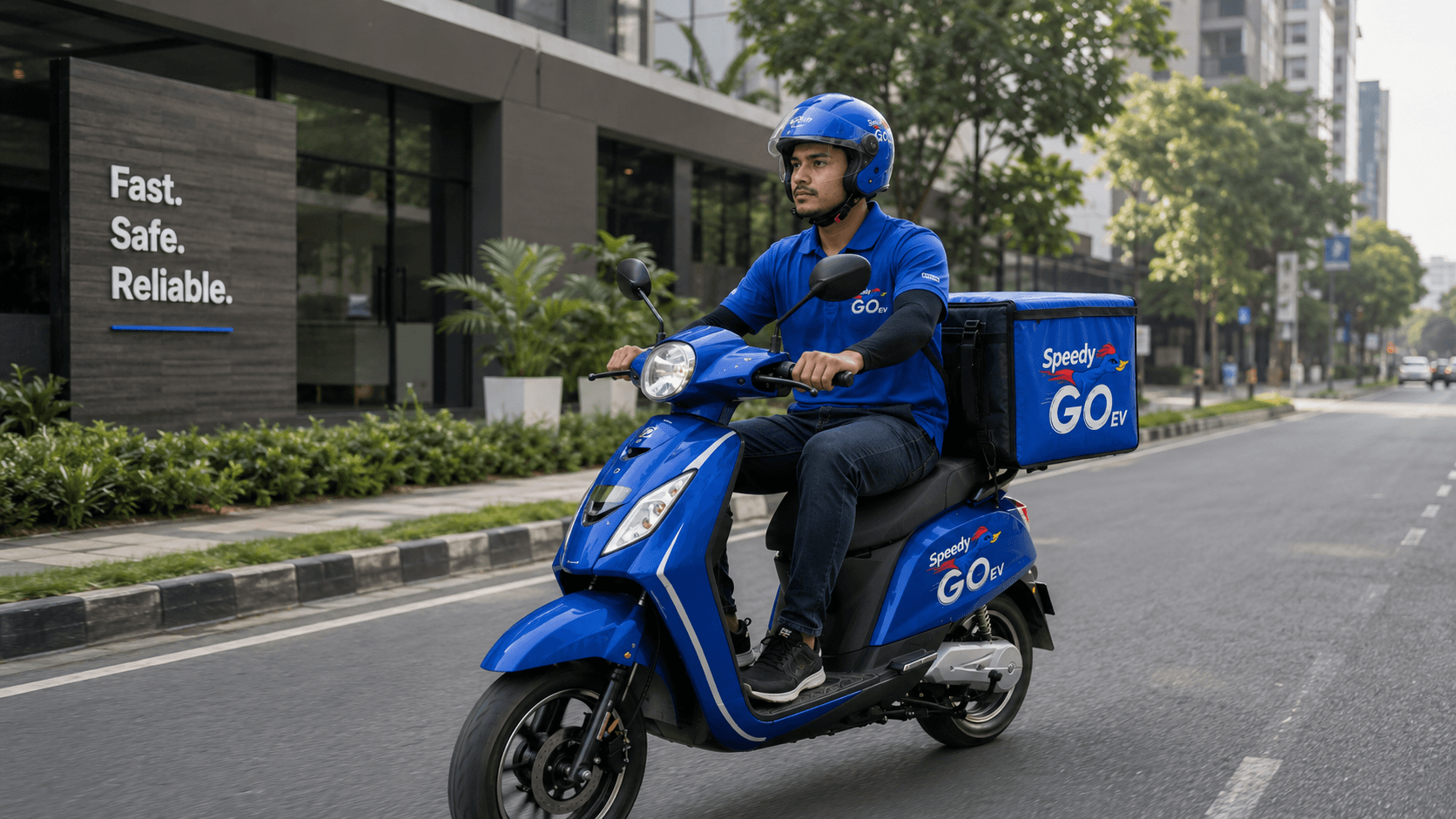 Go Speedy EV parcel delivery rider riding an electric scooter with a delivery box through a modern city street