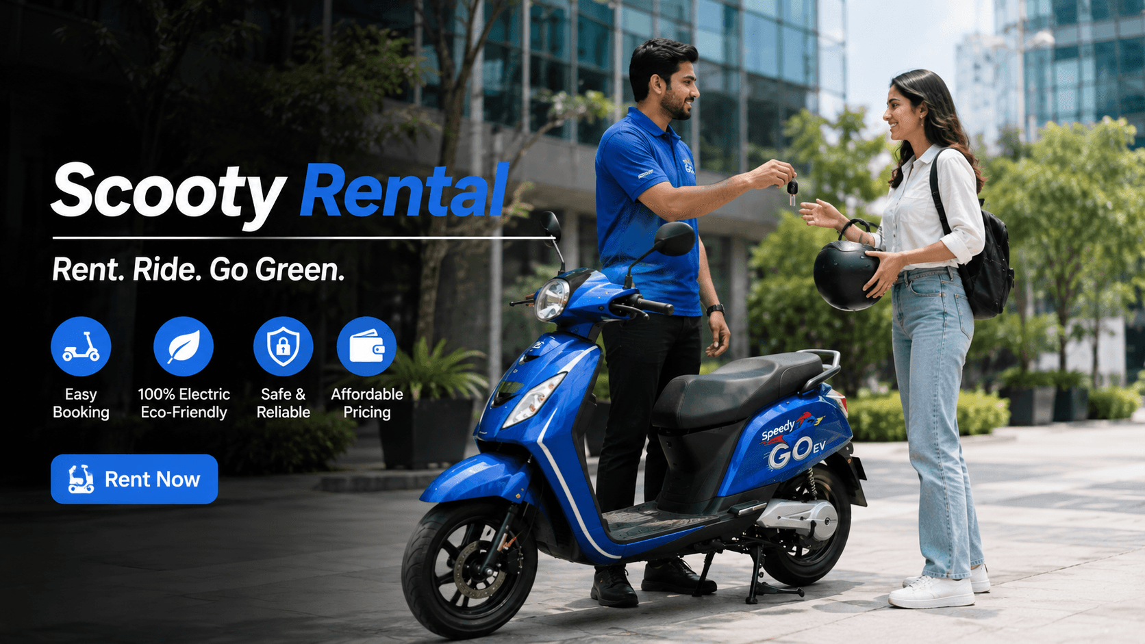 Go Speedy EV scooty rental with a customer receiving an electric scooter for an easy, safe and eco-friendly ride