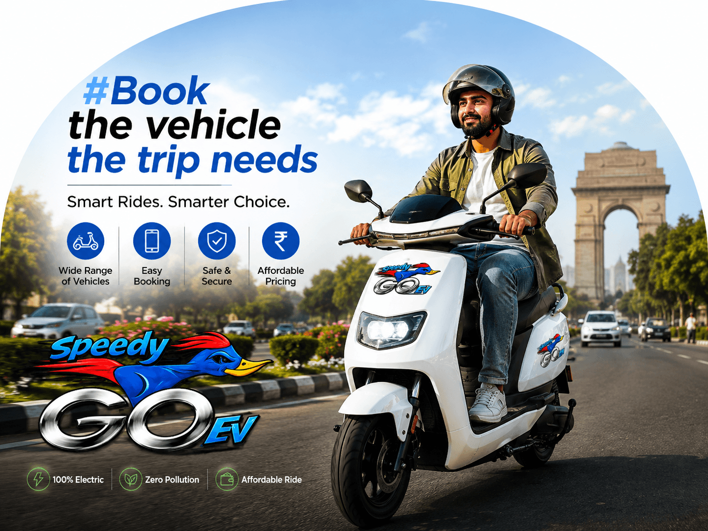 Go Speedy EV electric scooter rider on an Indian city road with the message Book the vehicle the trip needs