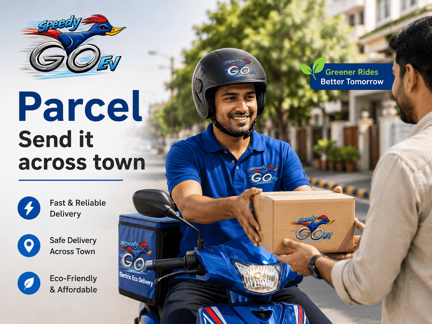 A delivery rider in uniform riding through traffic with an insulated box