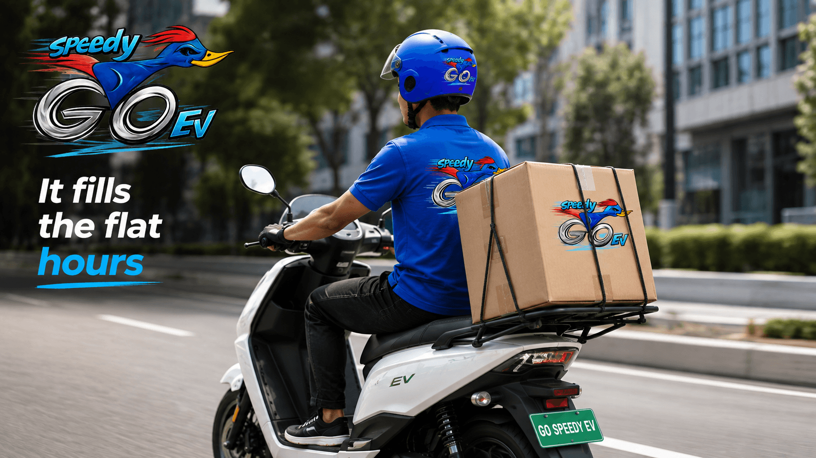 A courier riding through the city with a delivery box