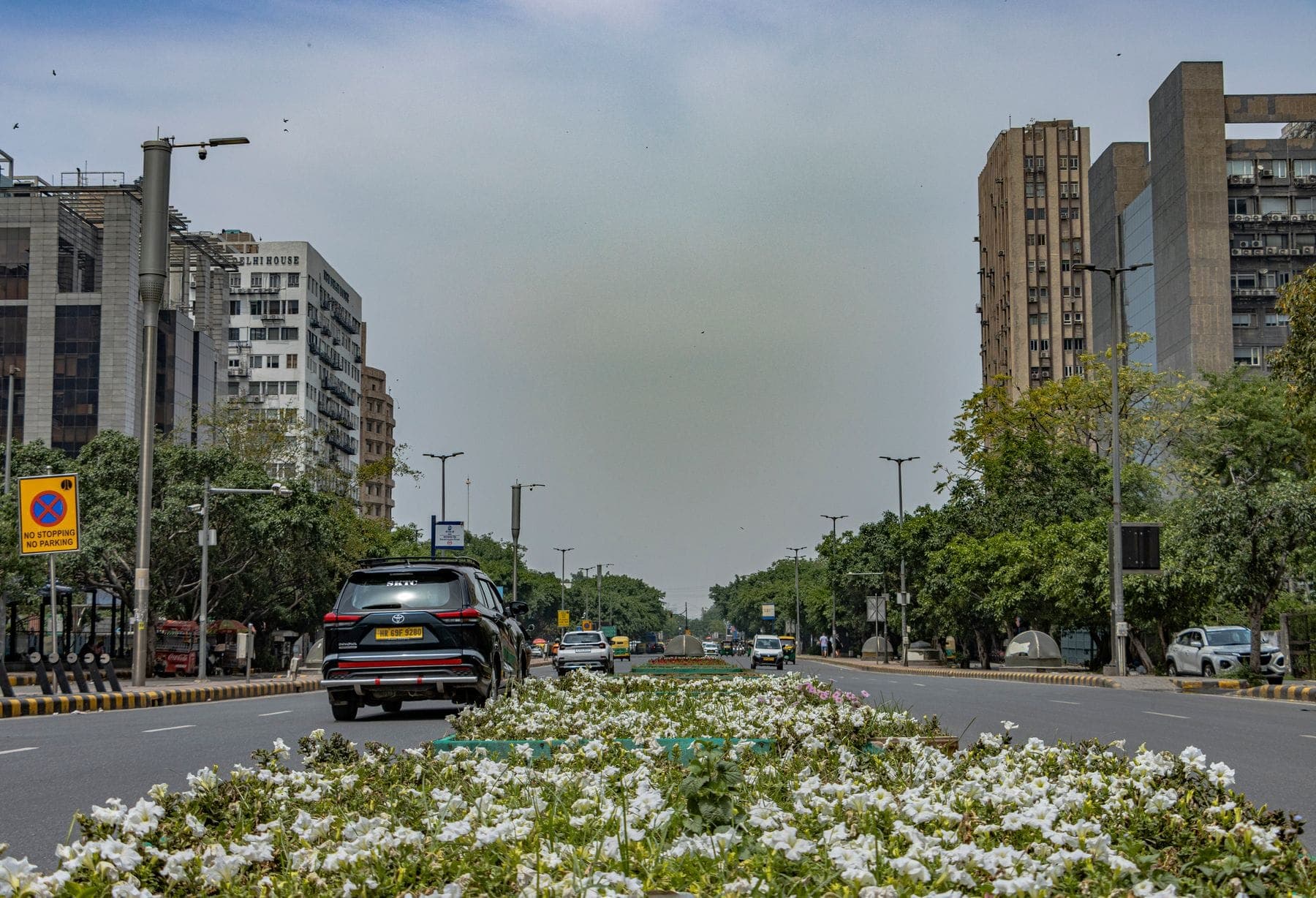 A Delhi arterial road with office buildings along it